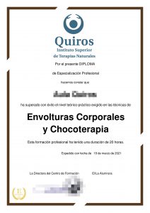 Diploma del Curso de Chocoterapia y envolturas